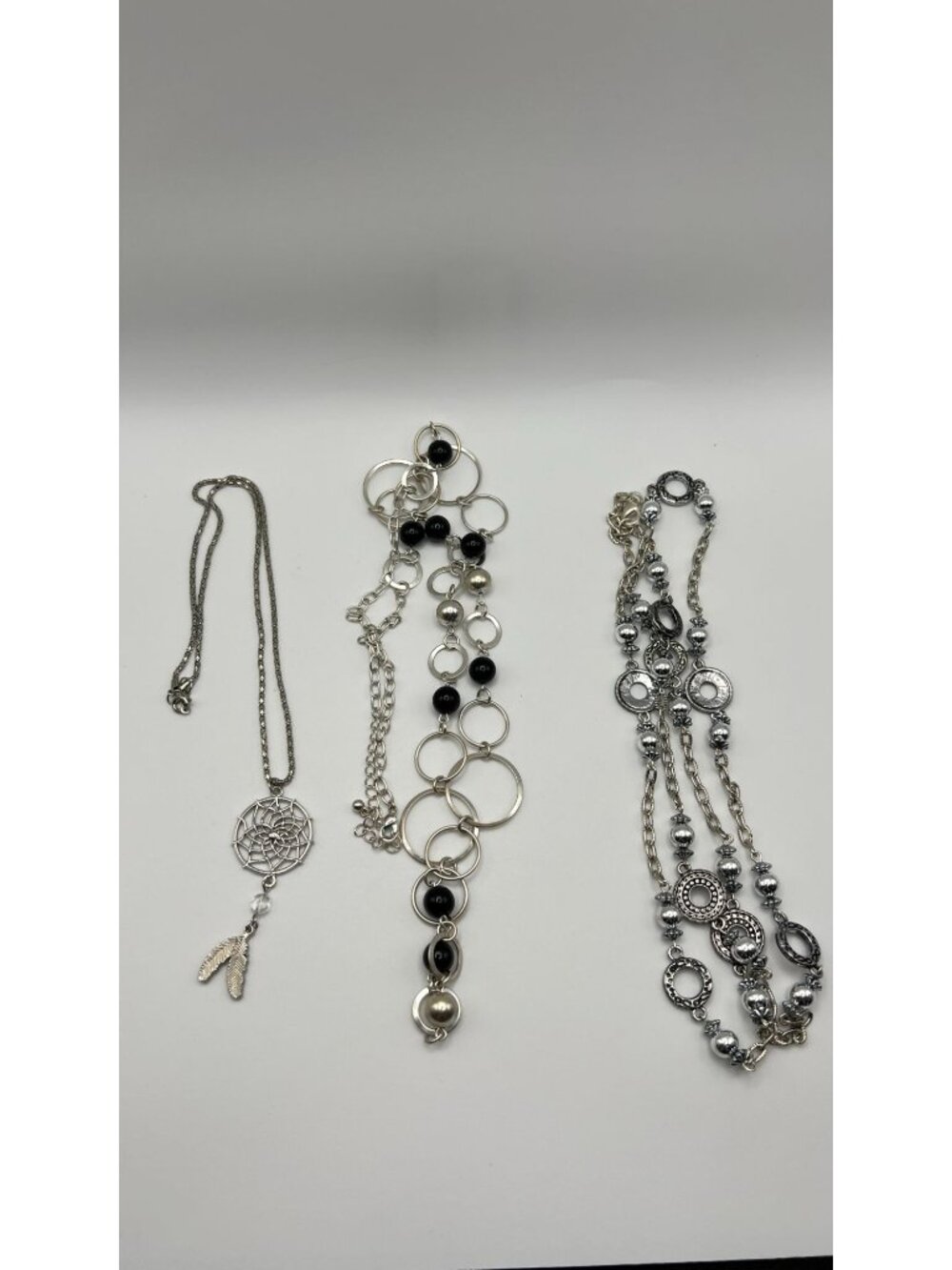 Set Of 3 Silver-Tone Necklaces With Dreamcatcher Beaded Rings & Ornamental Desig